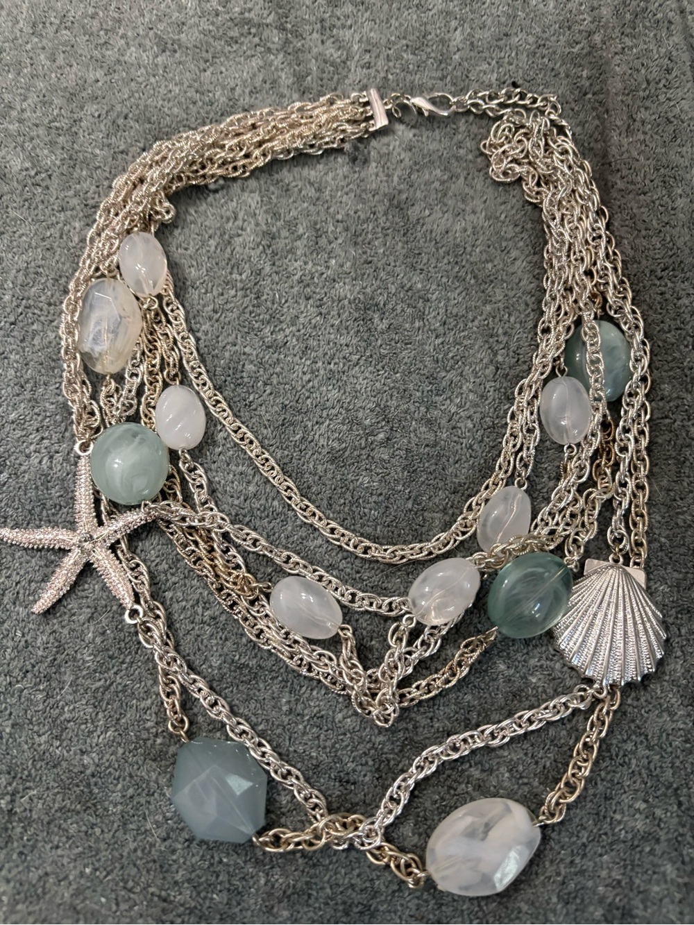 Talbots Silver-Tone Layered Necklace with Seaglass Green and Milky White Beads